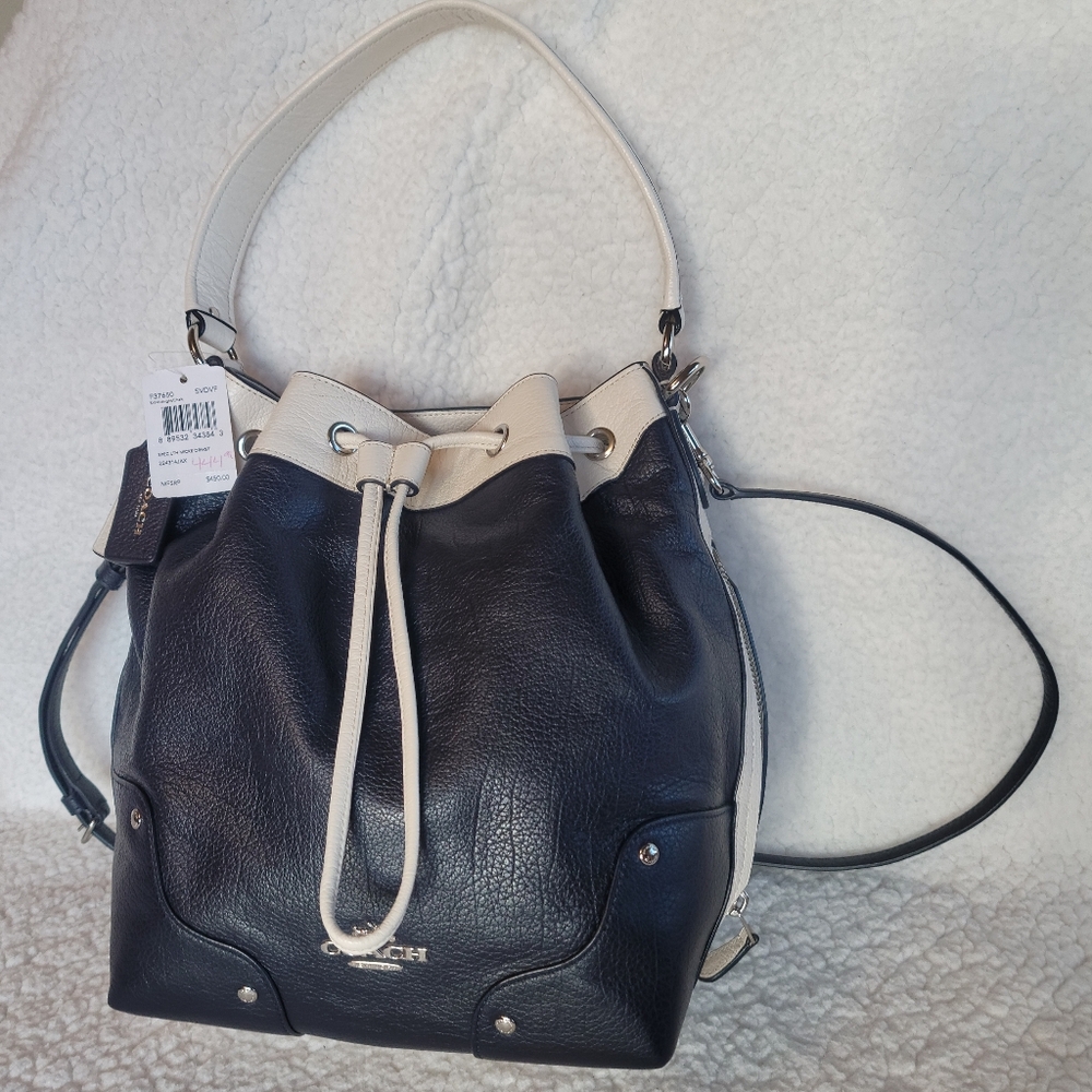 NWT Coach Mickie Drawstring Bucket Bag Midnight Chalk Navy White Crossbody F3768